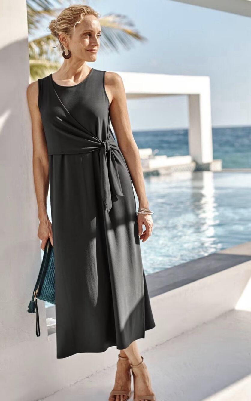 J.Jill Wearever Lavarock Maxi Dress Womens Large T Gray Sleeveless Tie Front NWT